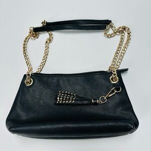 Black Pebbled Leather Shoulder Bag with Gold Chain and Studded Tassel